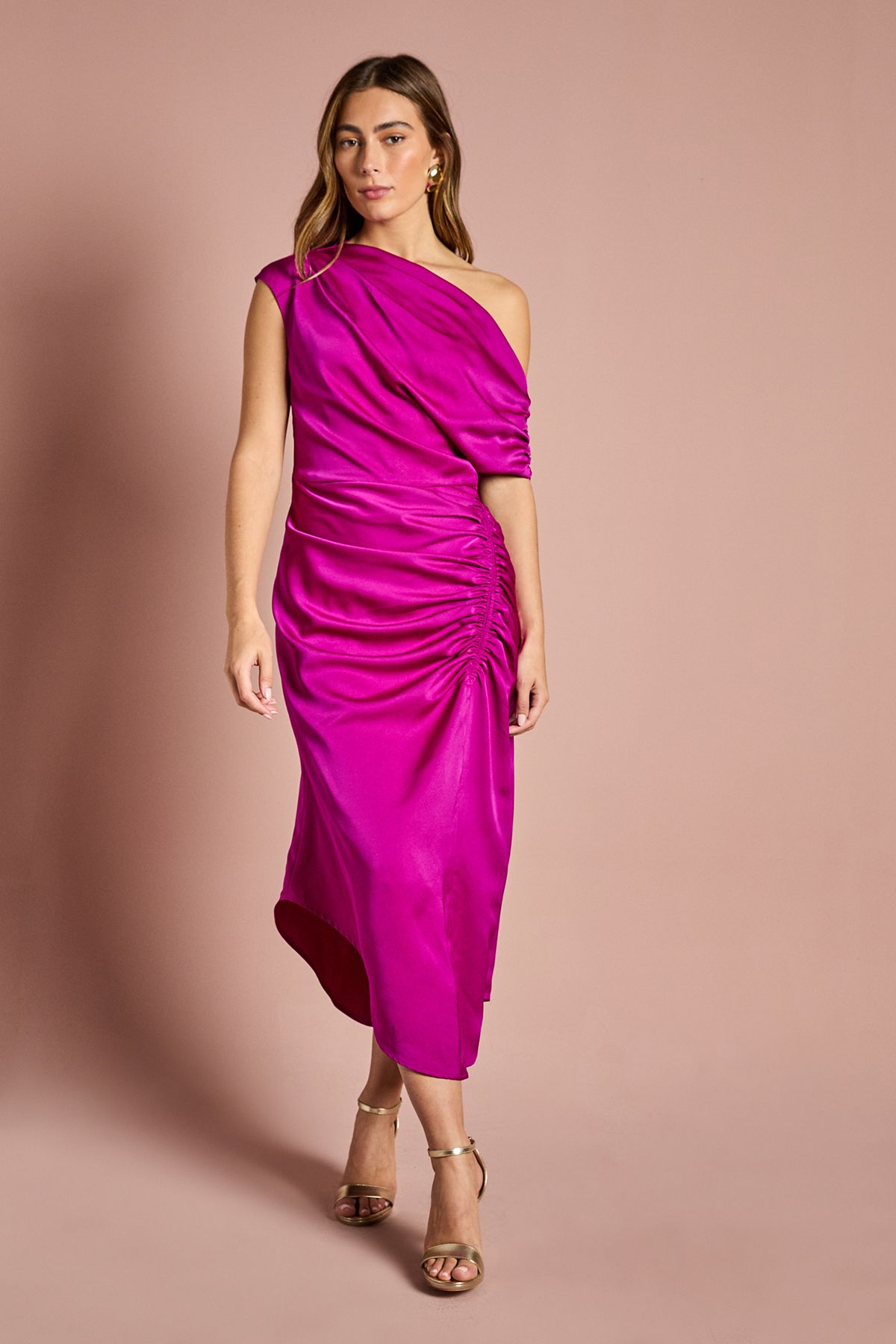 Coast Satin Ruched One Shoulder Asymmetric Hem Midi Dress Dark Pink image 1