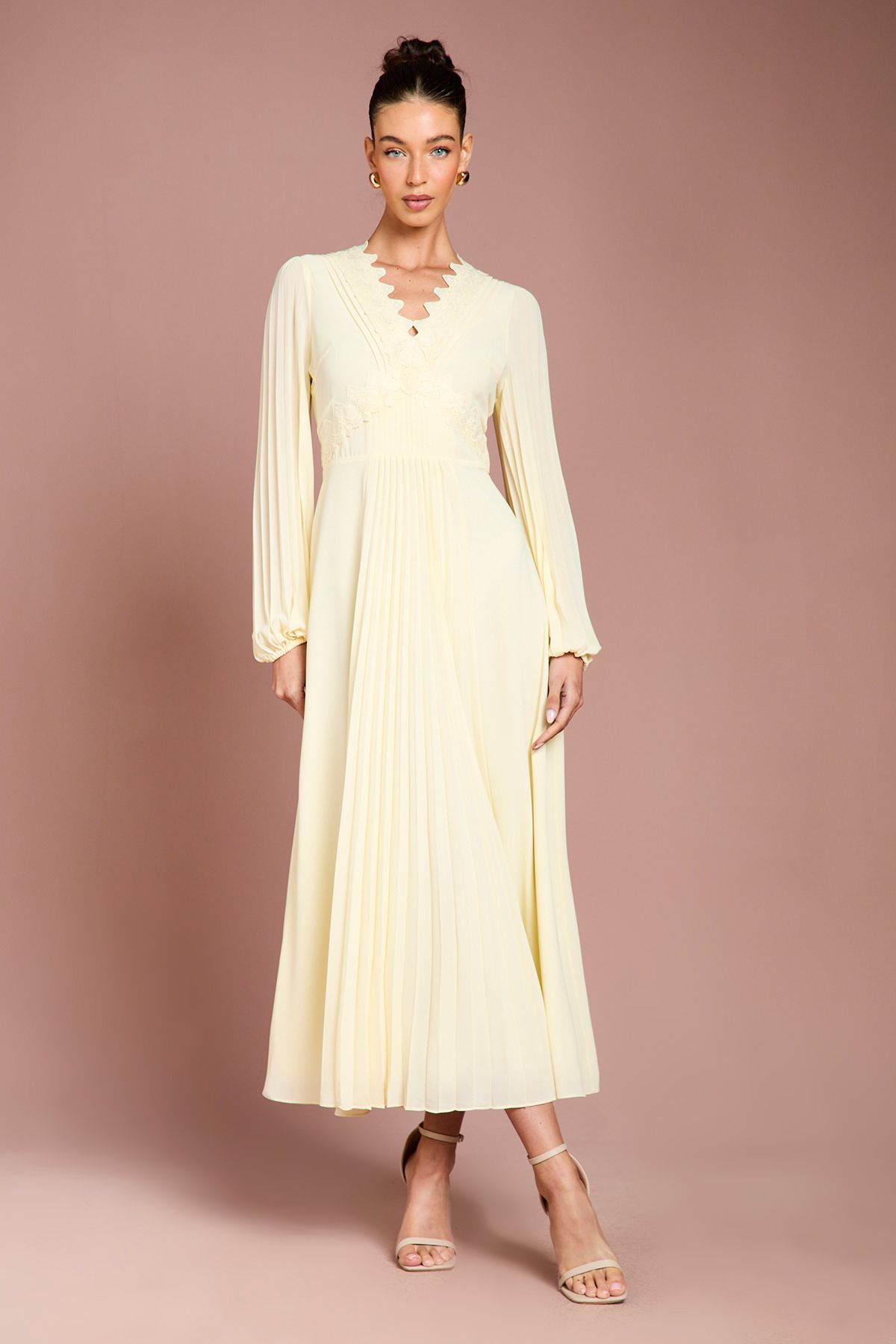 Coast Pleat Detail Lace Trim Maxi Dress Yellow image 1
