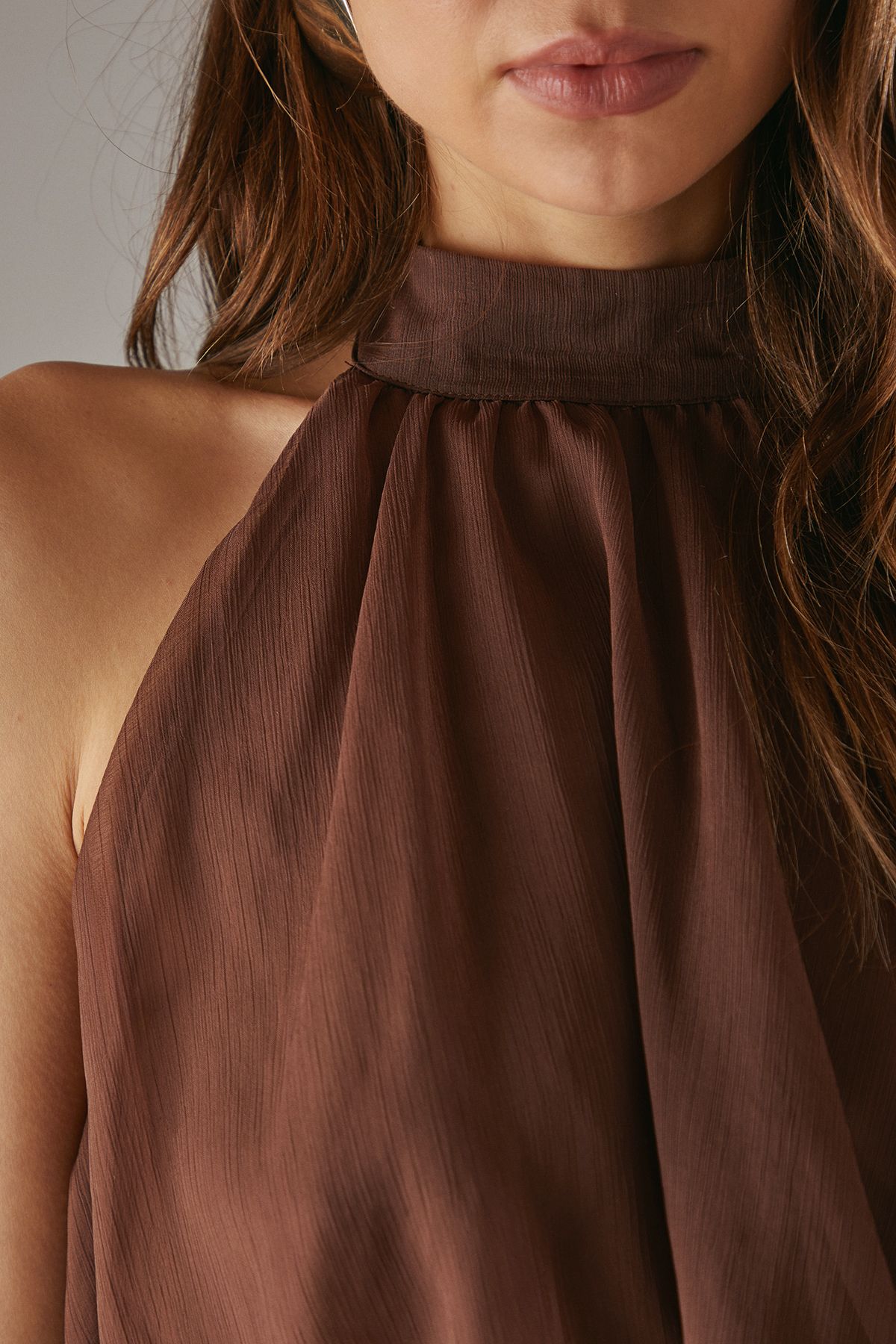 Warehouse Chiffon Halter Bubble Crop Top Chocolate image 5