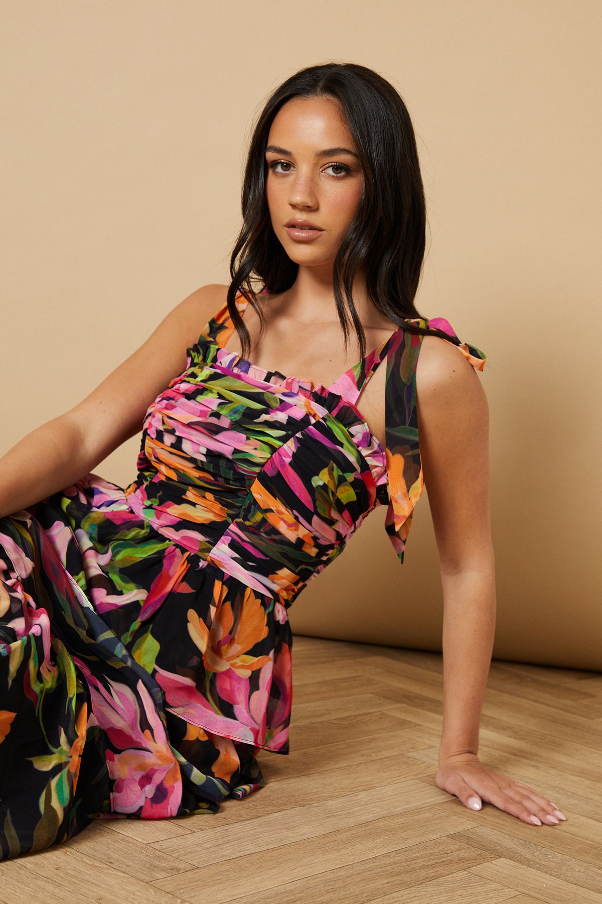 Oasis Ruched Ruffle Tiered Tie Strap Midi Dress Pink image 2