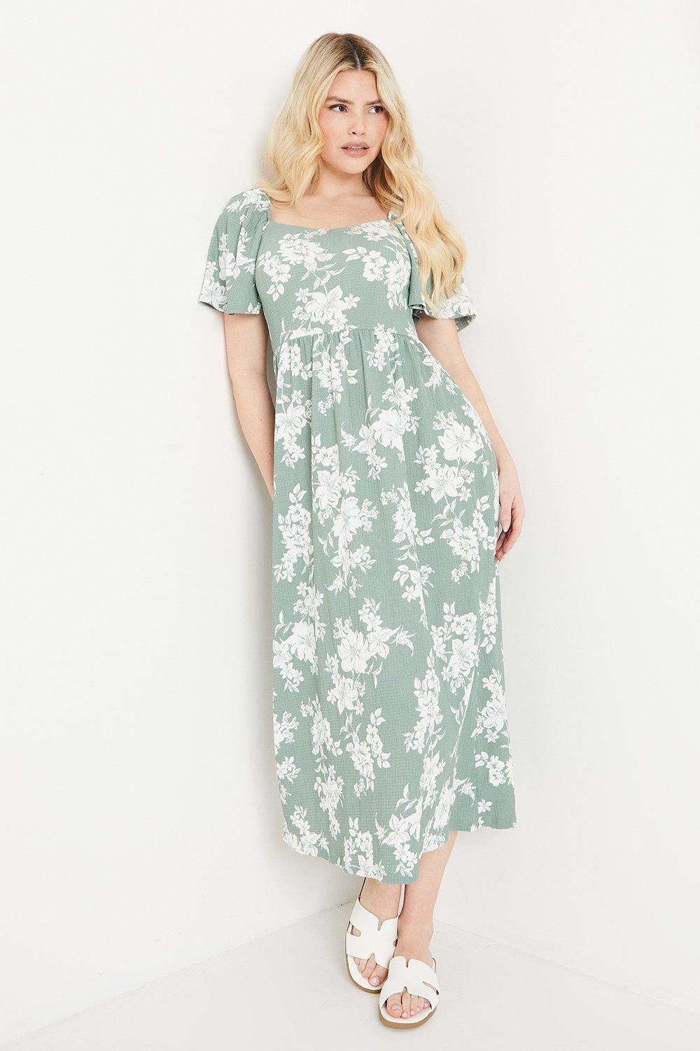 Dorothy Perkins Floral Print Flutter Sleeve Jersey Midi Dress Sage