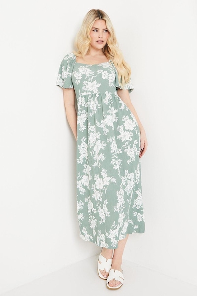 Dorothy Perkins Floral Print Flutter Sleeve Jersey Midi Dress Sage