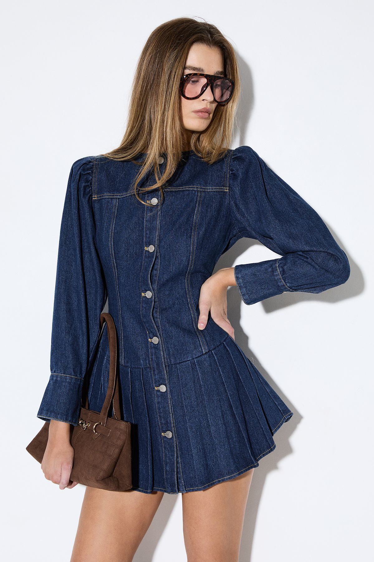 MissPap Premium Denim Pleat Hem Balloon Sleeve Dress Authentic Midwash image 1