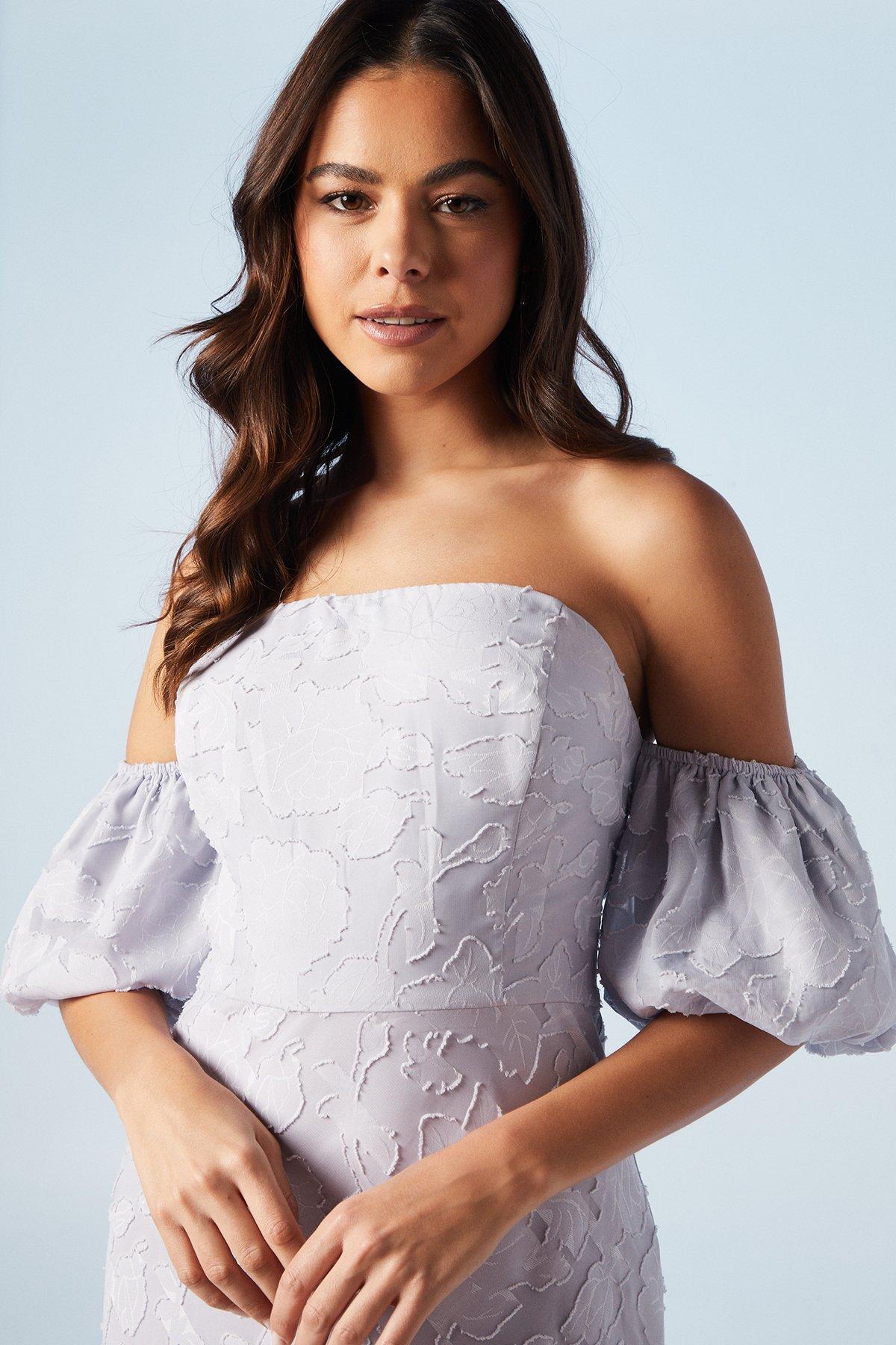 Oasis Rose Jacquard Puff Sleeve Asym Detail Bridesmaids Midi Dress Lilac image 4