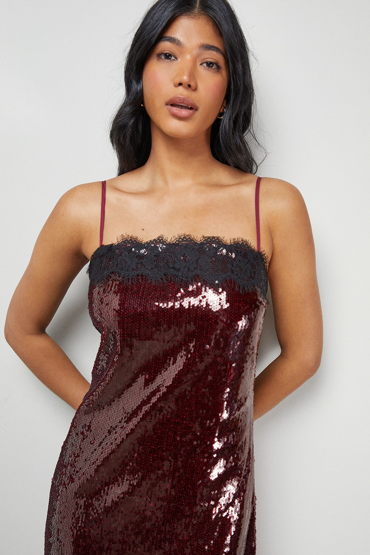 Warehouse Sequin Lace Trim Square Neck Midi Slip Dress Dark Red image 4