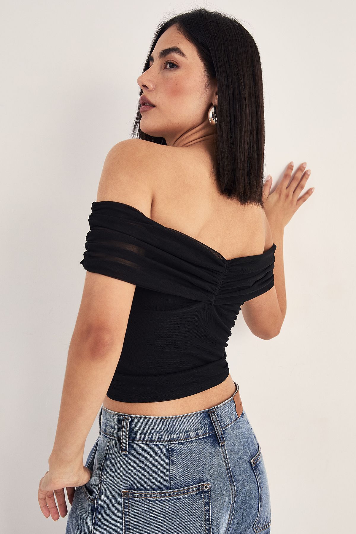 NastyGal Ruched Bardot Cut Out Top Black image 4