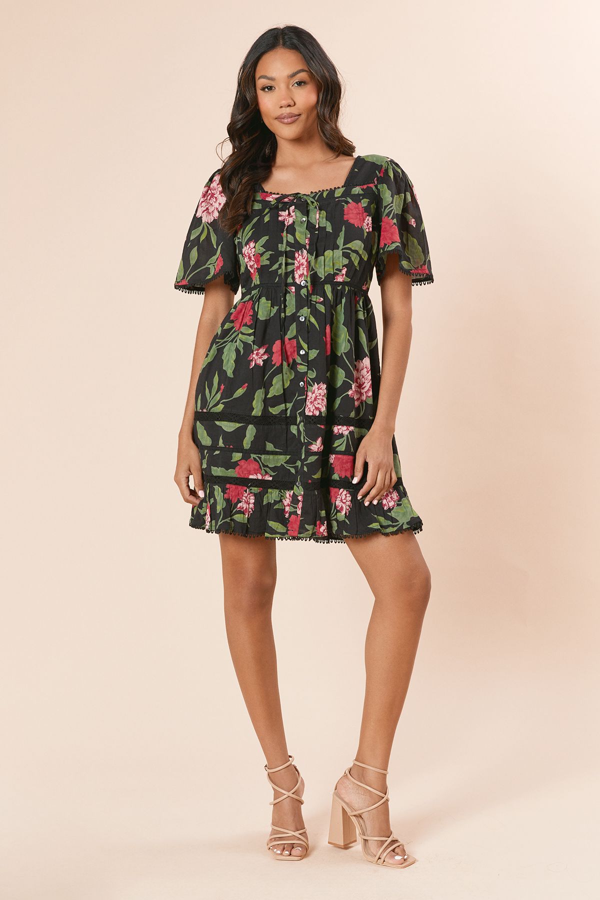 Dorothy Perkins Pink Large Floral Lace Trim Button Front Mini Dress Floral image 3