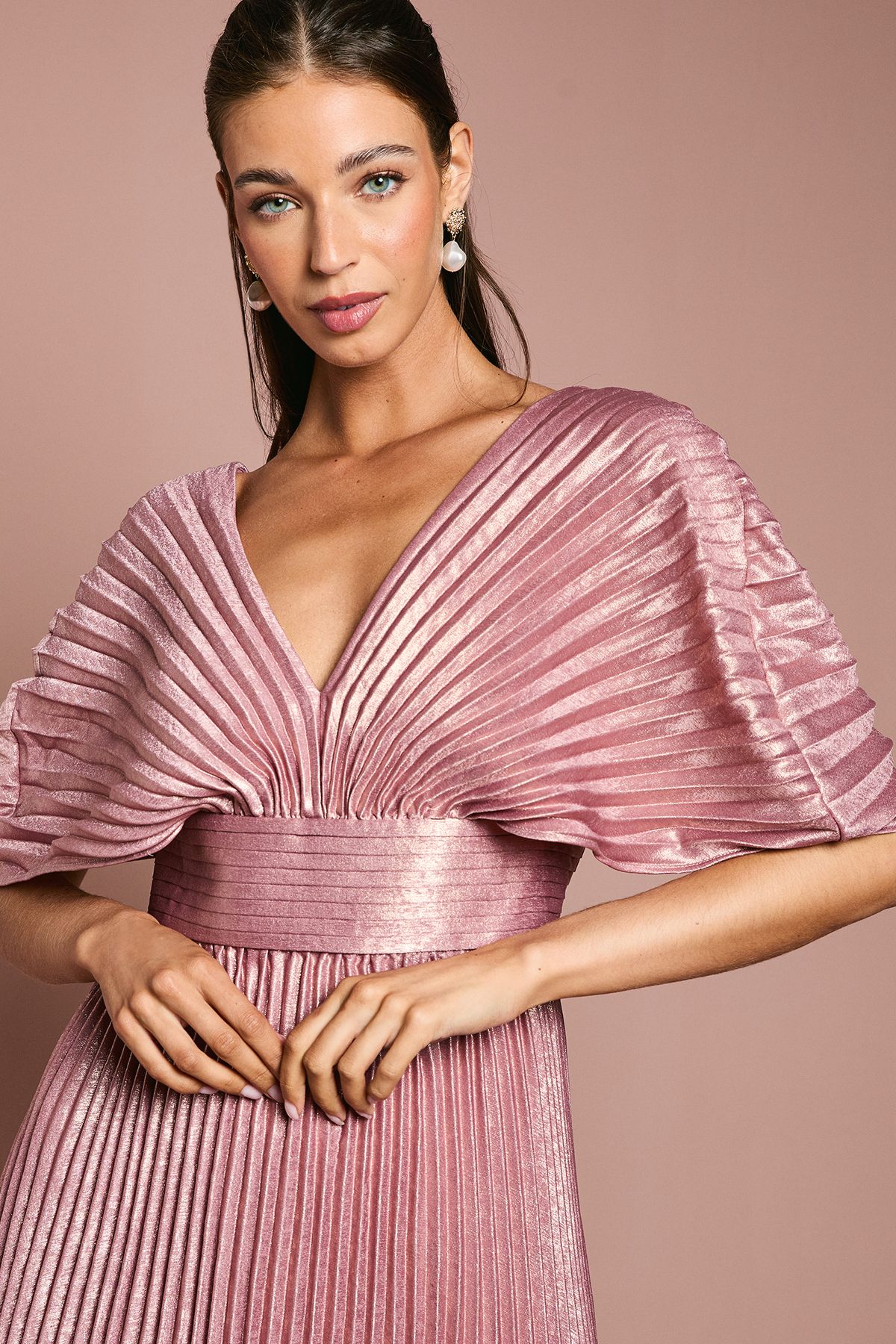 Coast Batwing Pleated Metallic Midaxi Dress Pink image 3