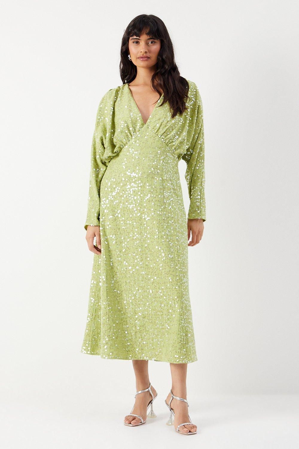 Warehouse Sequin Crinkle Batwing Plunge Neck Midi Dress Lime image 1