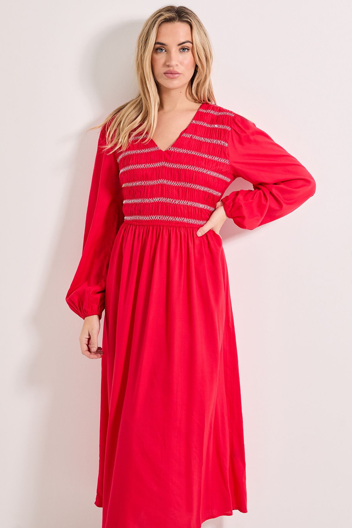 Dorothy Perkins Contrast Stitching Shirred Bodice V Neck Midi Dress Cherry image 2