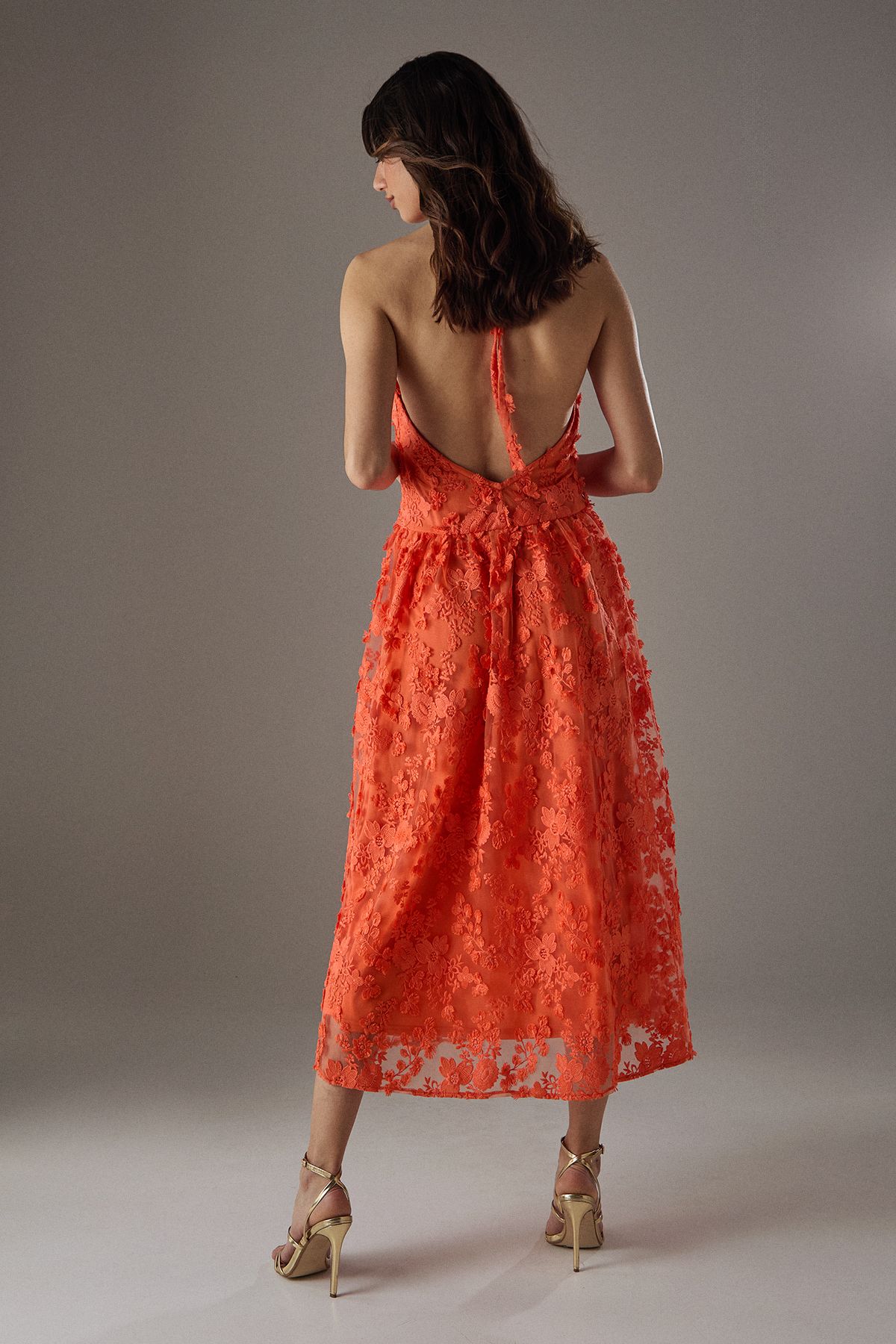Warehouse 3D Embroidered Halter Open Back Midi Dress Orange image 4