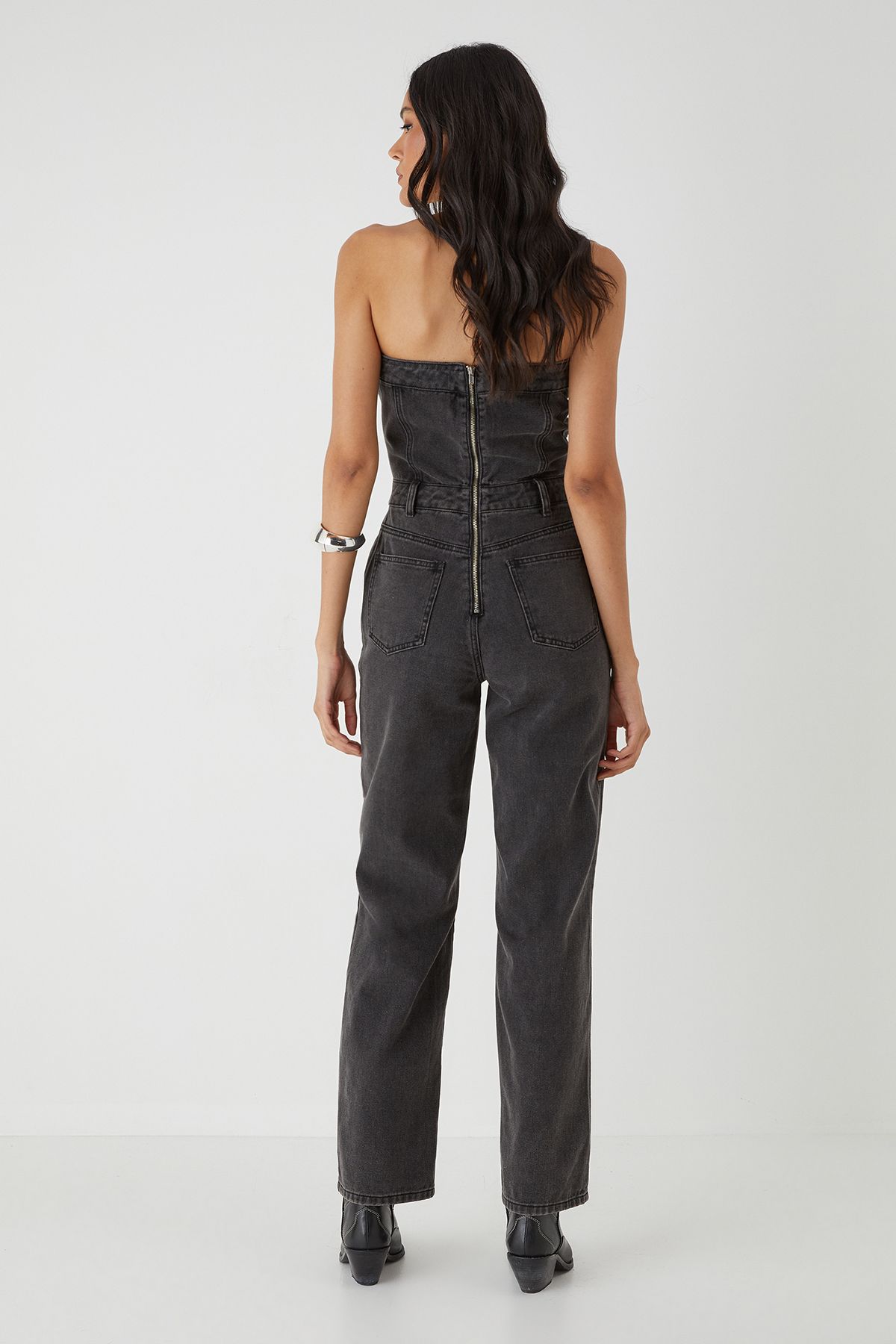 MissPap Bandeau Button Up Denim Jumpsuit Washed Black image 5
