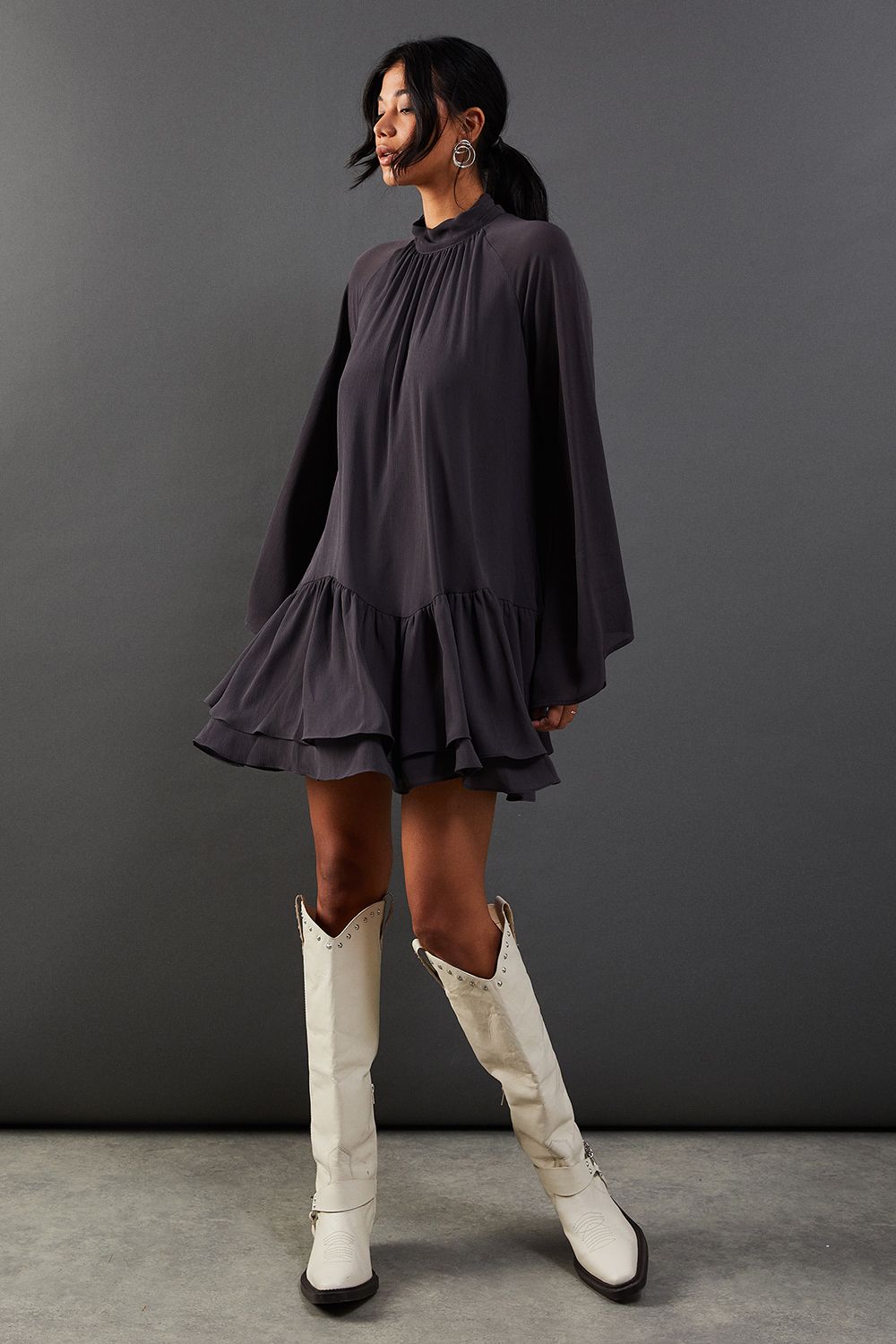 Warehouse Chiffon Drop Hem High Neck Flare Sleeve Mini Swing Dress Grey image 4