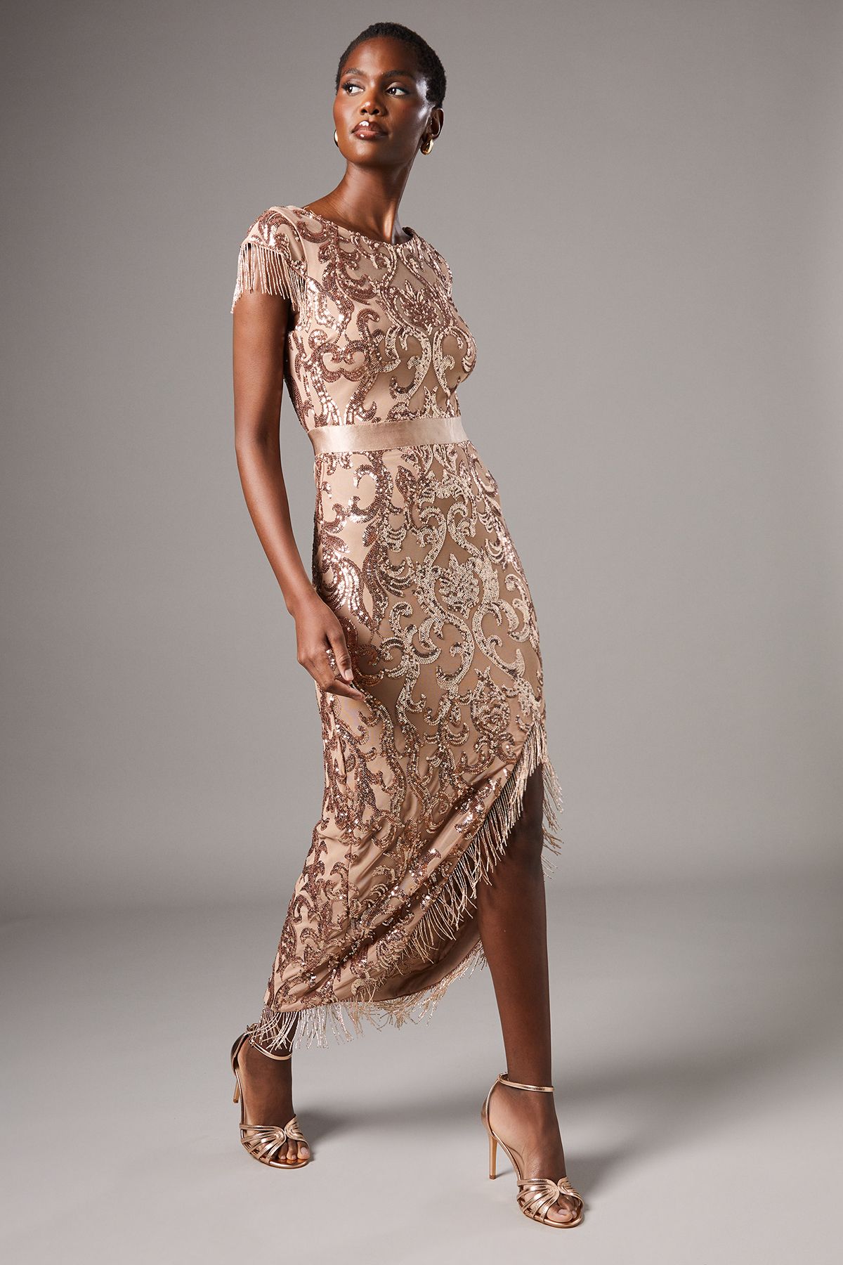 Coast Cap Sleeve Sequin Midi Dress Champagne image 2