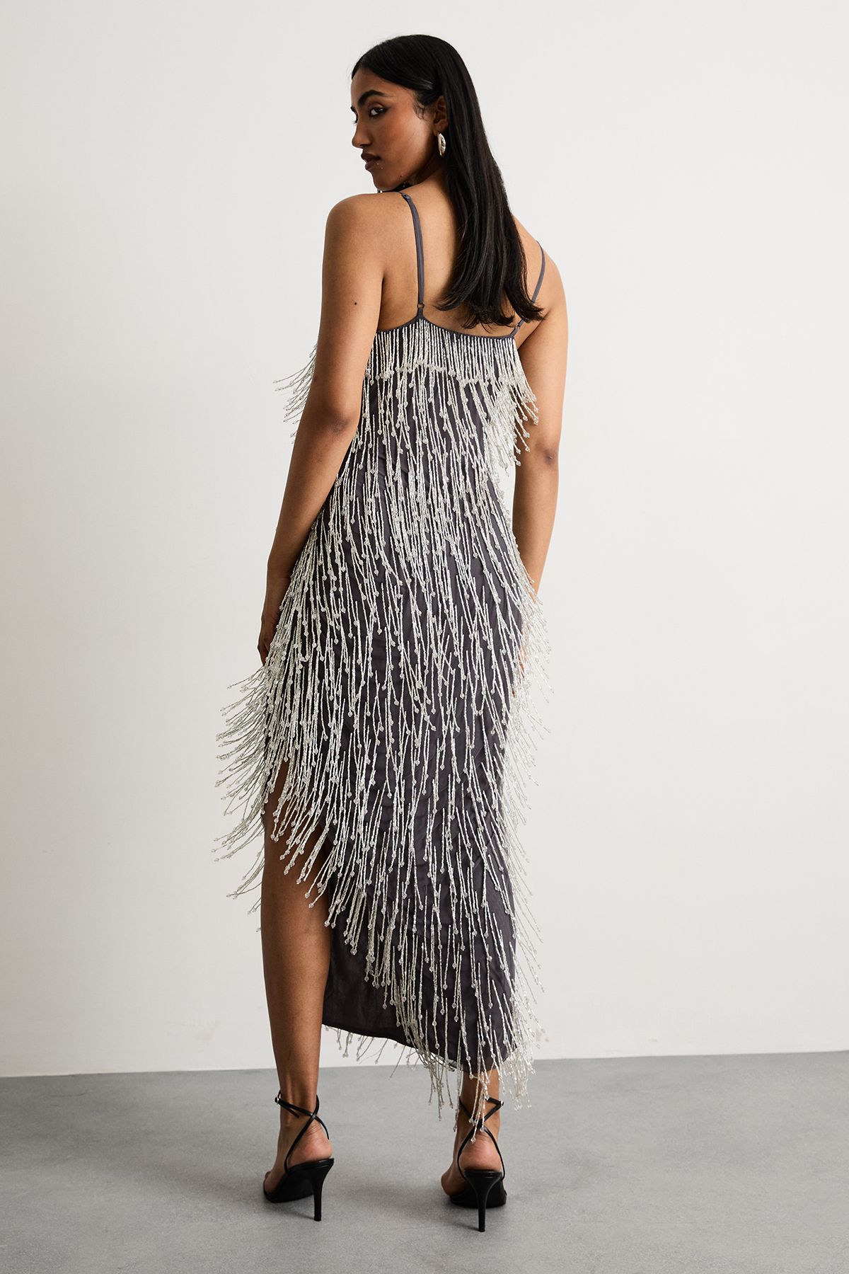 Warehouse Hand Embellished Sequin Tassel Midi Dress Gun Metal image 3