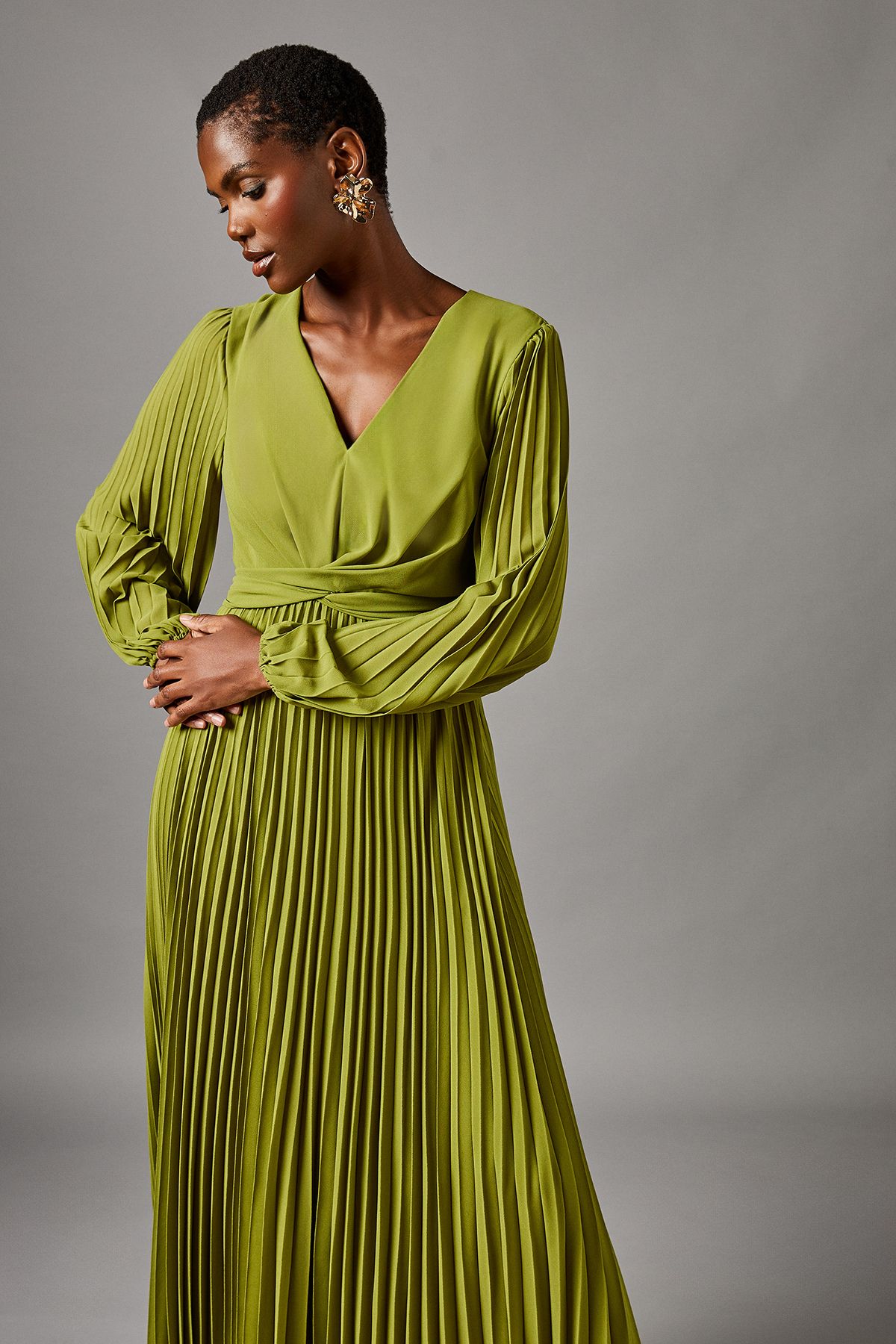 Coast Pleated Wrap Front Dress Olive image 2