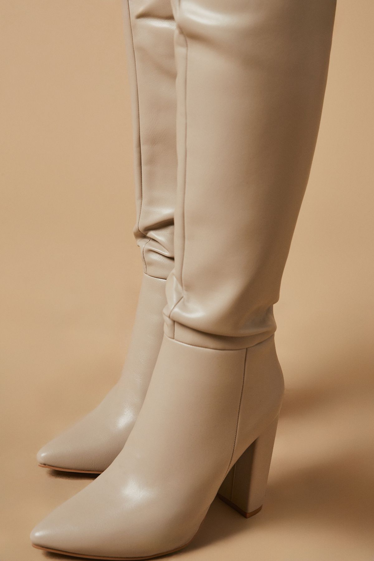 Oasis Kandi Faux Leather High Block Heel Pointed Over The Knee Boot Taupe image 4