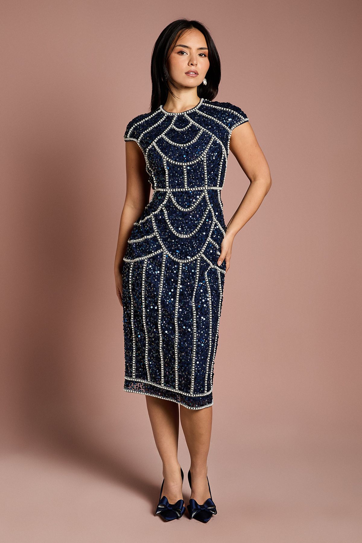 Coast Petite Cap Sleeve Pearl Embellished Pencil Dress Navy image 1