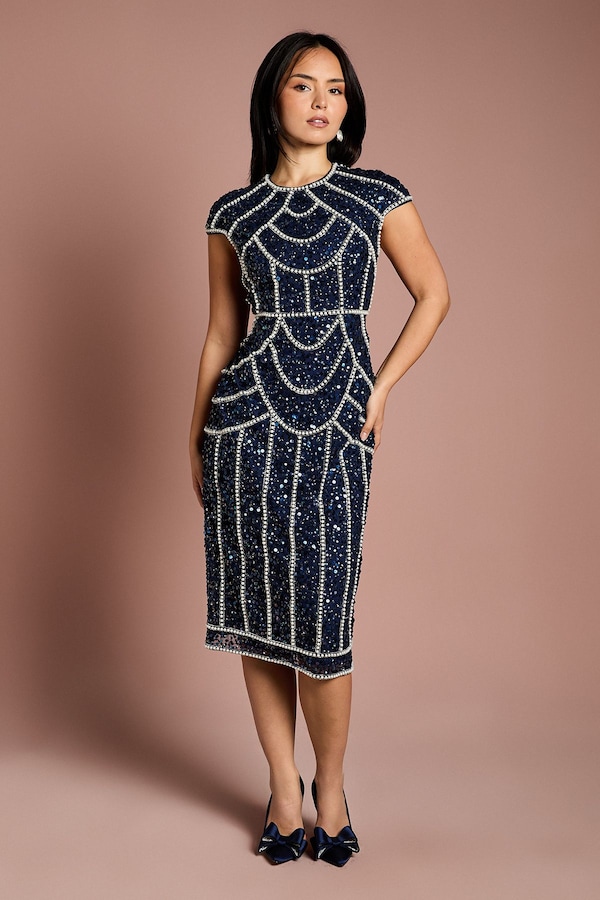 Coast Petite Cap Sleeve Pearl Embellished Pencil Dress Navy
