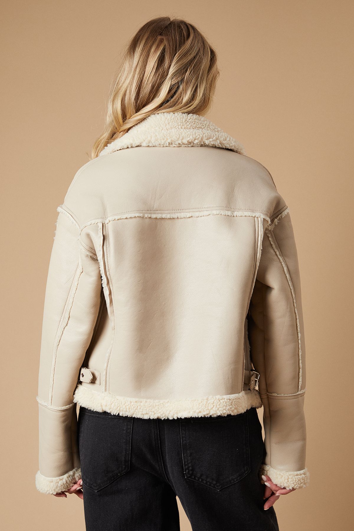 Oasis PU Borg Detail Collared Zip Jacket Ivory image 3