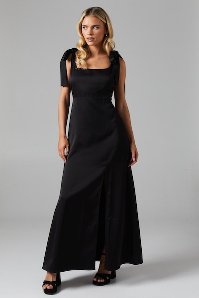 Oasis Petite Satin Tie Shoulder Midi Bridesmaid Dress Black