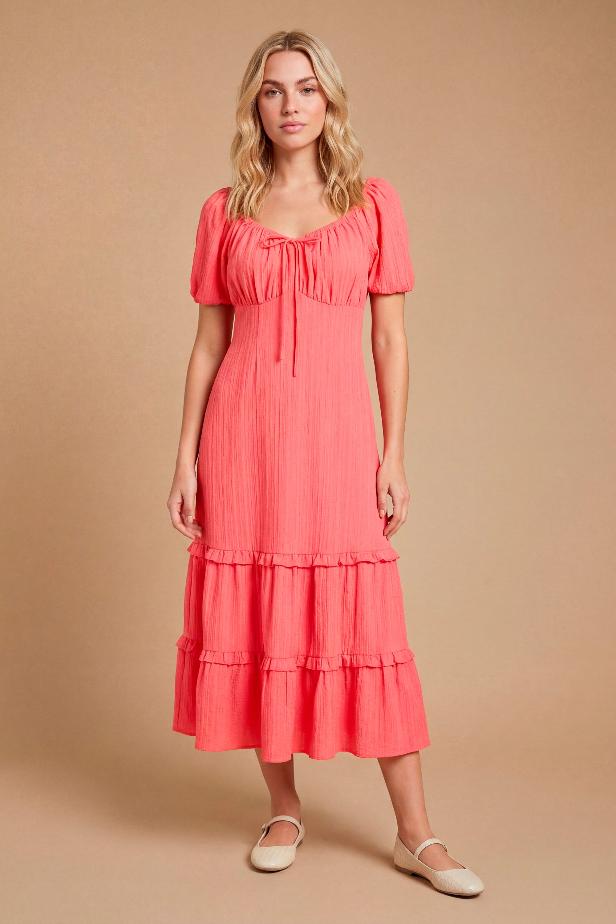 Dorothy Perkins Sweetheart Ruffle Tiered Hem Midi Dress Coral