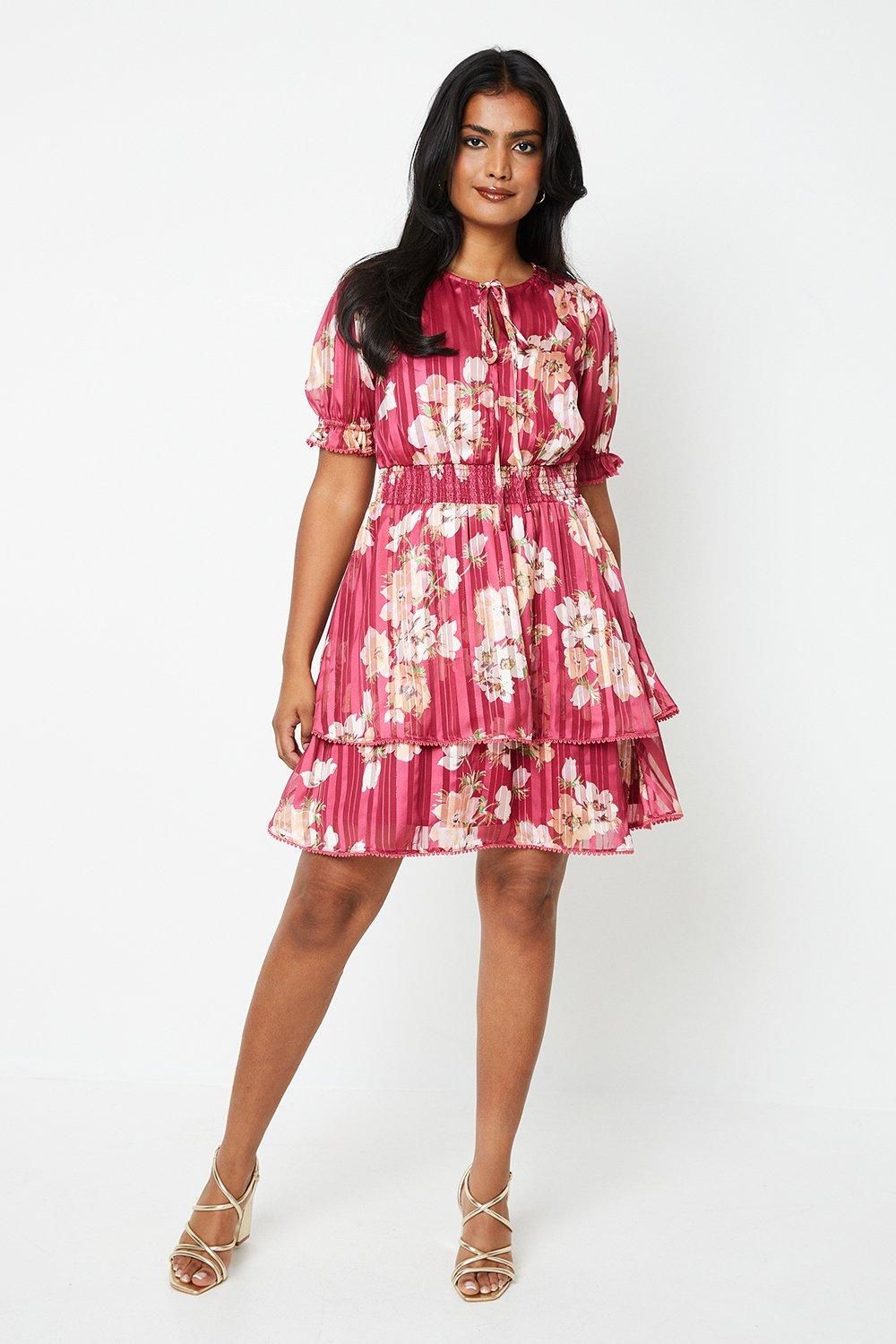 Oasis Floral Chiffon Shirred Waist Mini Dress Berry image 1