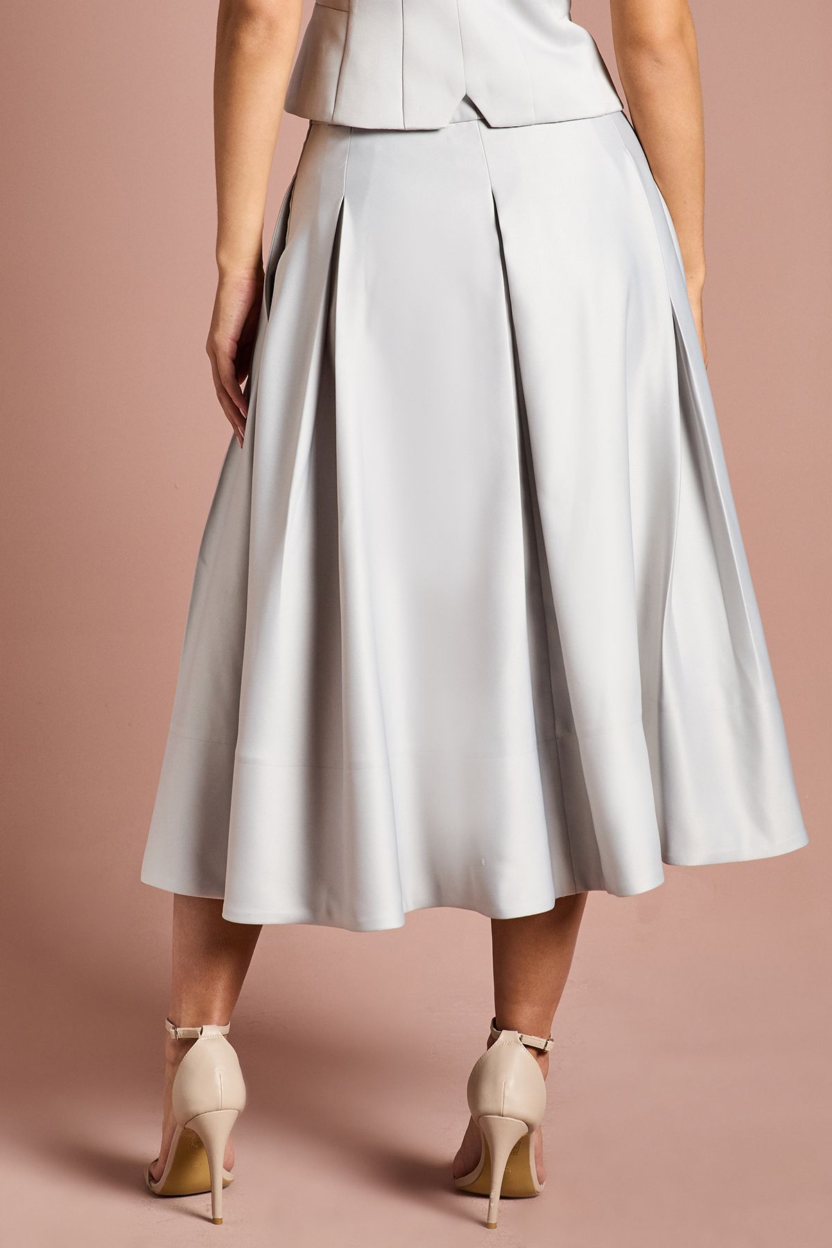 Coast Satin Pleat Front Midi Full Skirt Silver image 3