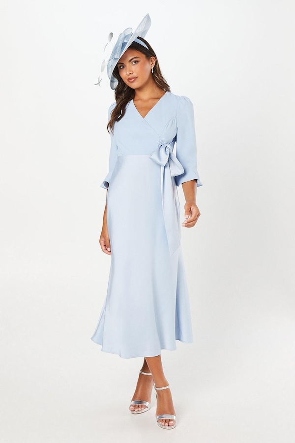 Coast Ruffle Sleeve Satin Back Crepe Wrap Dress Pale Blue