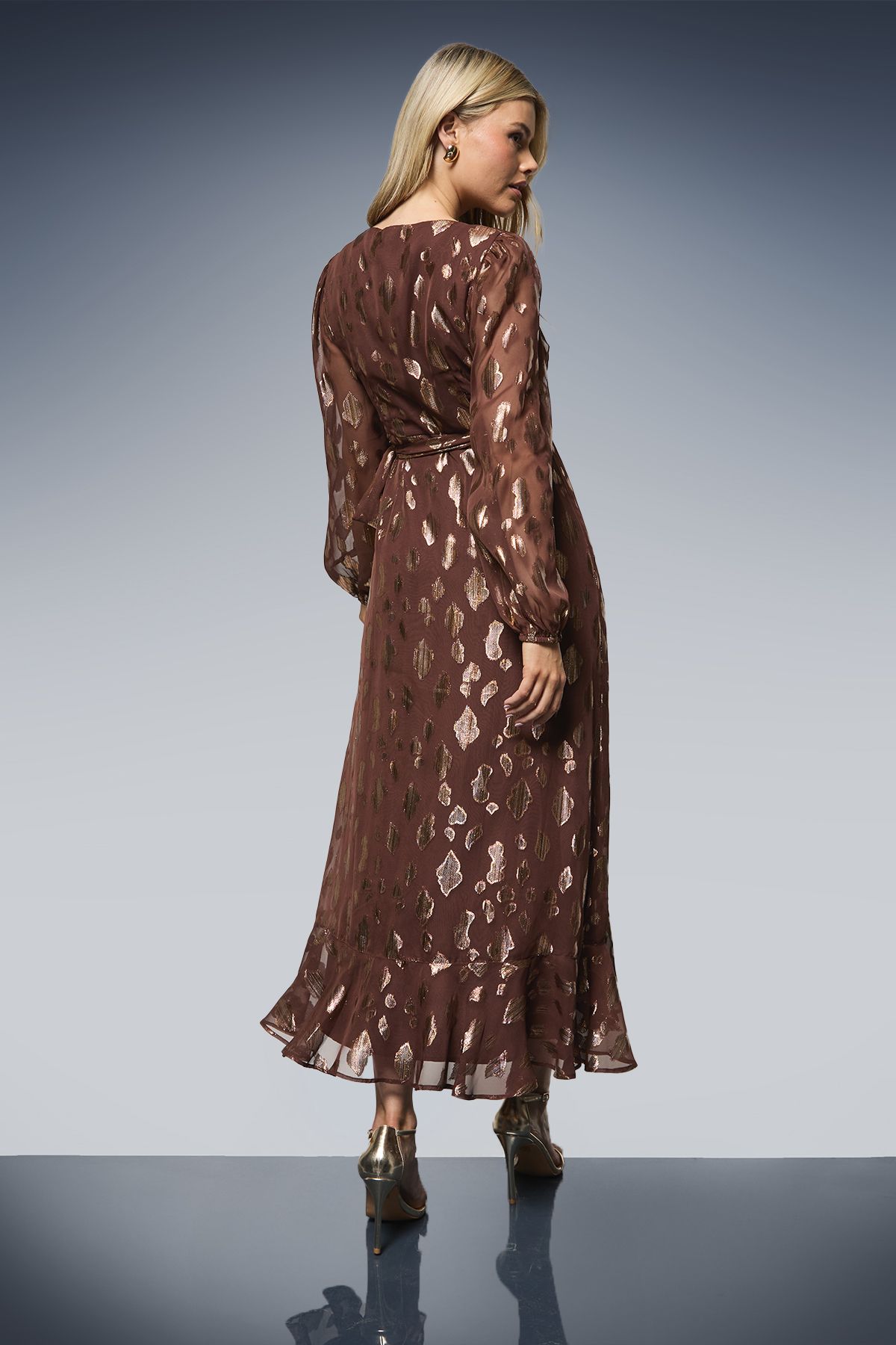 Dorothy Perkins Jacquard Ruffle Wrap Long Sleeve Midi Dress Chocolate image 3