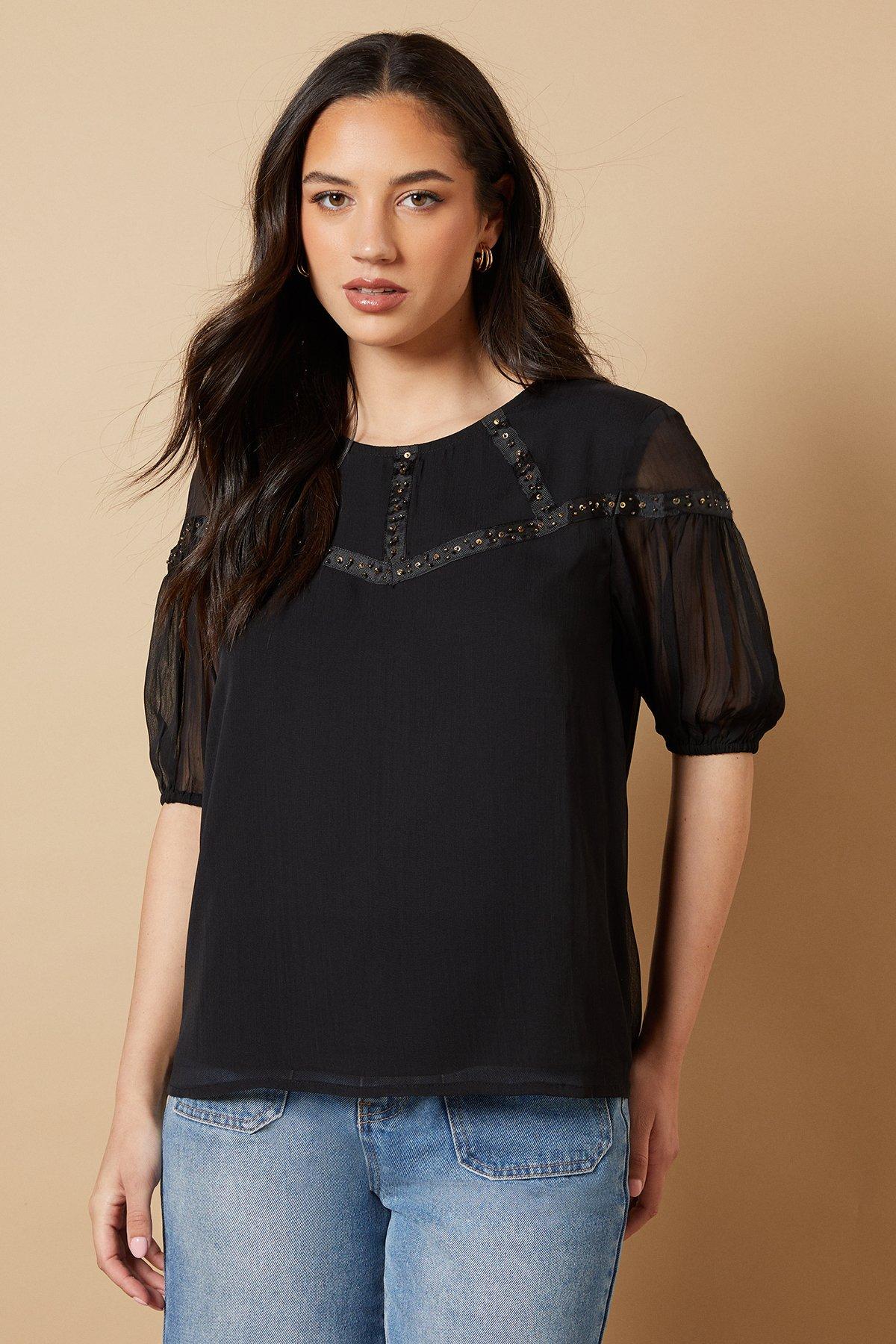 Oasis Hand Embellished Trim scoop Neck Half Sleeve Blouse Black image 4