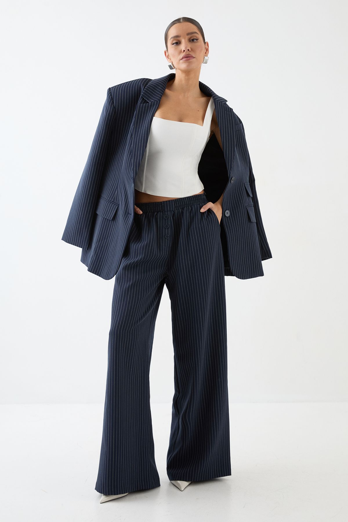 MissPap Premium Pinstripe Button Front Tailored Trouser Navy image 1