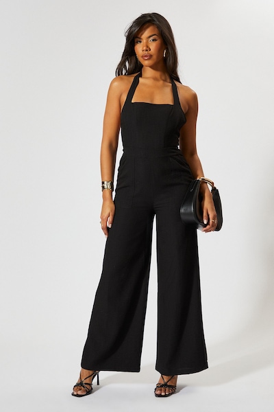 MissPap Linen Look Halter Neck Jumpsuit Black
