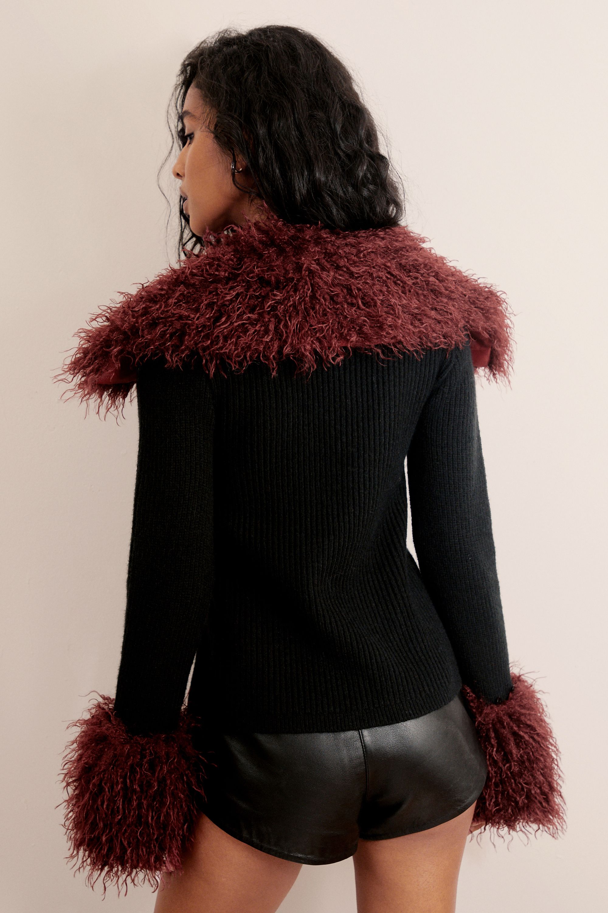 NastyGal Shearling Trim Lace Up Cardigan Black image 4