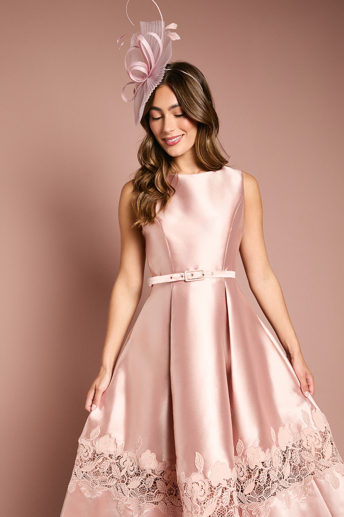 Coast Sleeveless Twill Midi Dress With Lace Trim And Belt Pink image 2