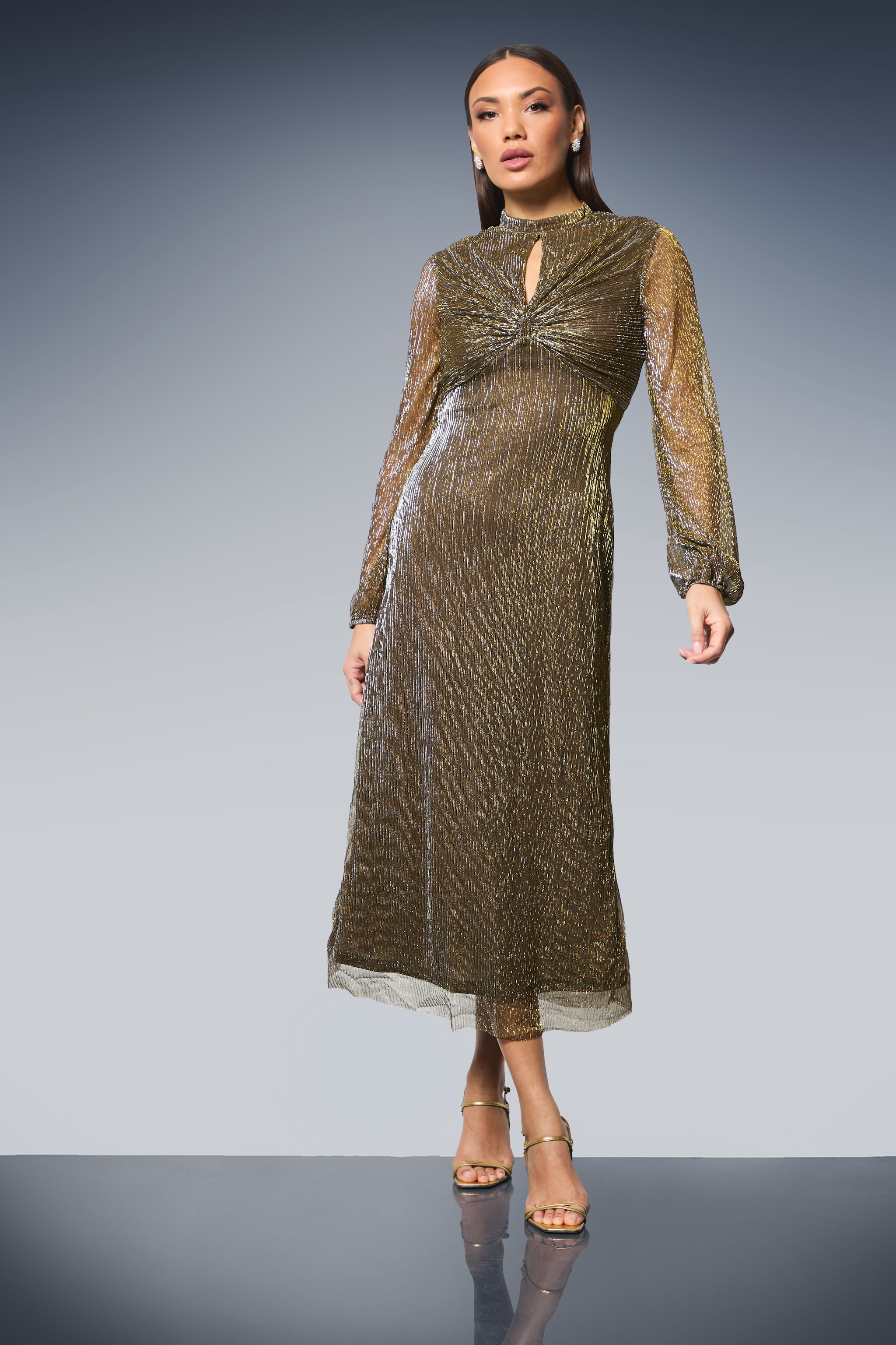 Principles Keyhole Detail Sparkle Plisse Jersey Midi Dress Gold