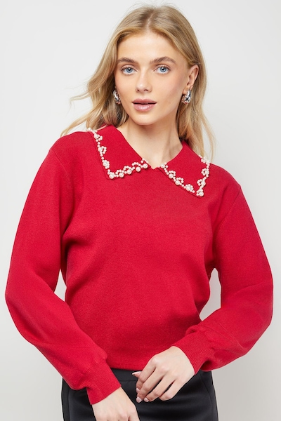 Oasis Embellished Collar Detail Jumper Red