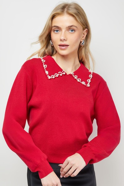 Oasis Embellished Collar Detail Jumper Red