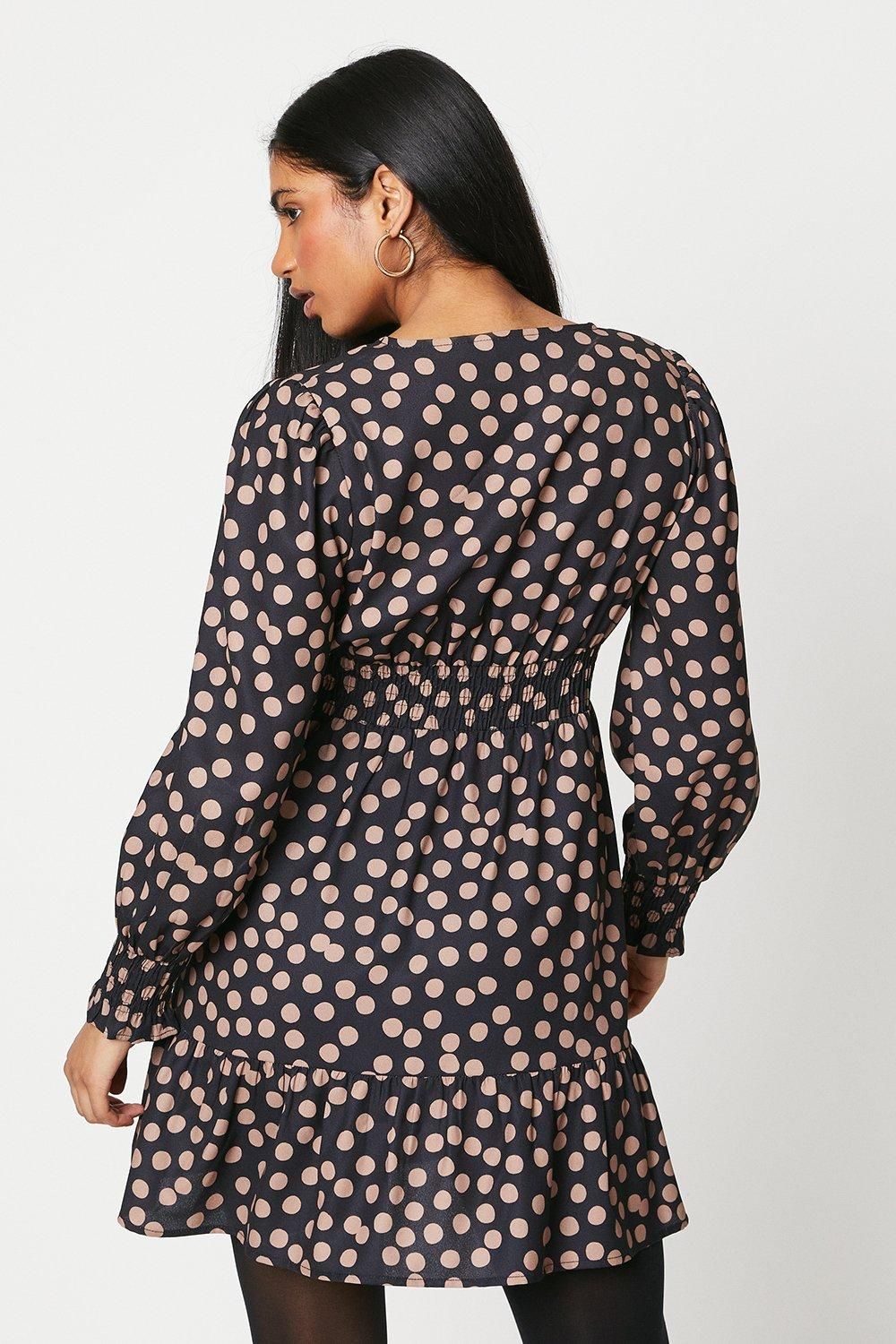 Dorothy Perkins Petite Camel Spot Shirred Waist Wrap Mini Dress Camel image 3