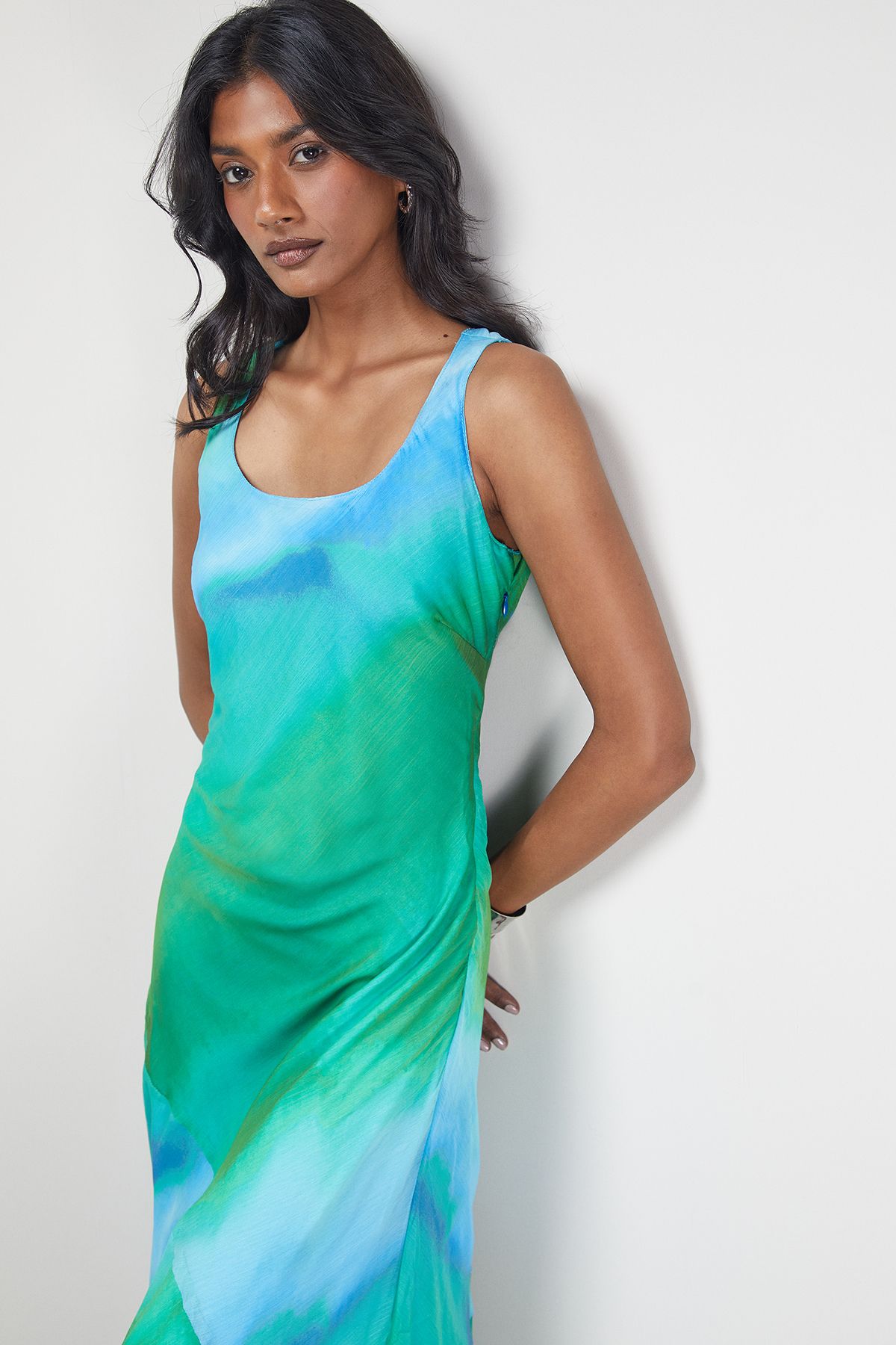 Warehouse Ombre Chiffon Square Neck Bias Midi Slip Dress Blue image 2