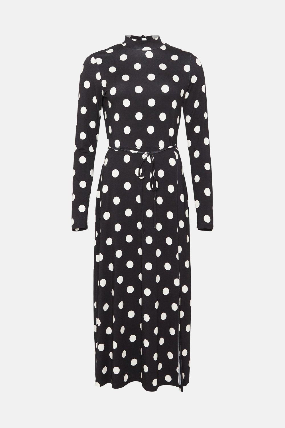 Oasis Jersey Spot Funnel Neck Belted Midi Dress Black image 4