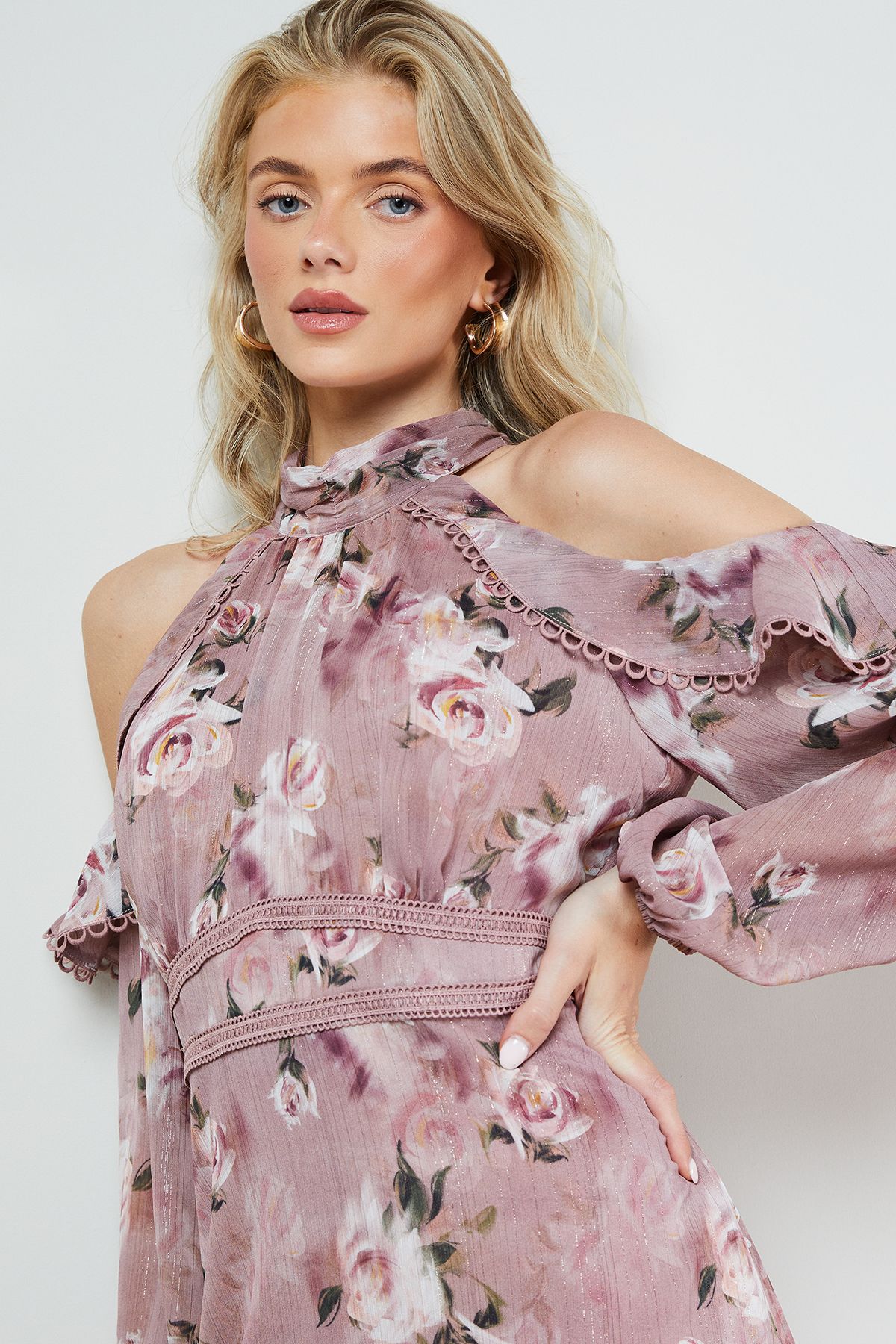 Oasis Cold Shoulder Ruffle Halterneck Midi Dress Floral image 3