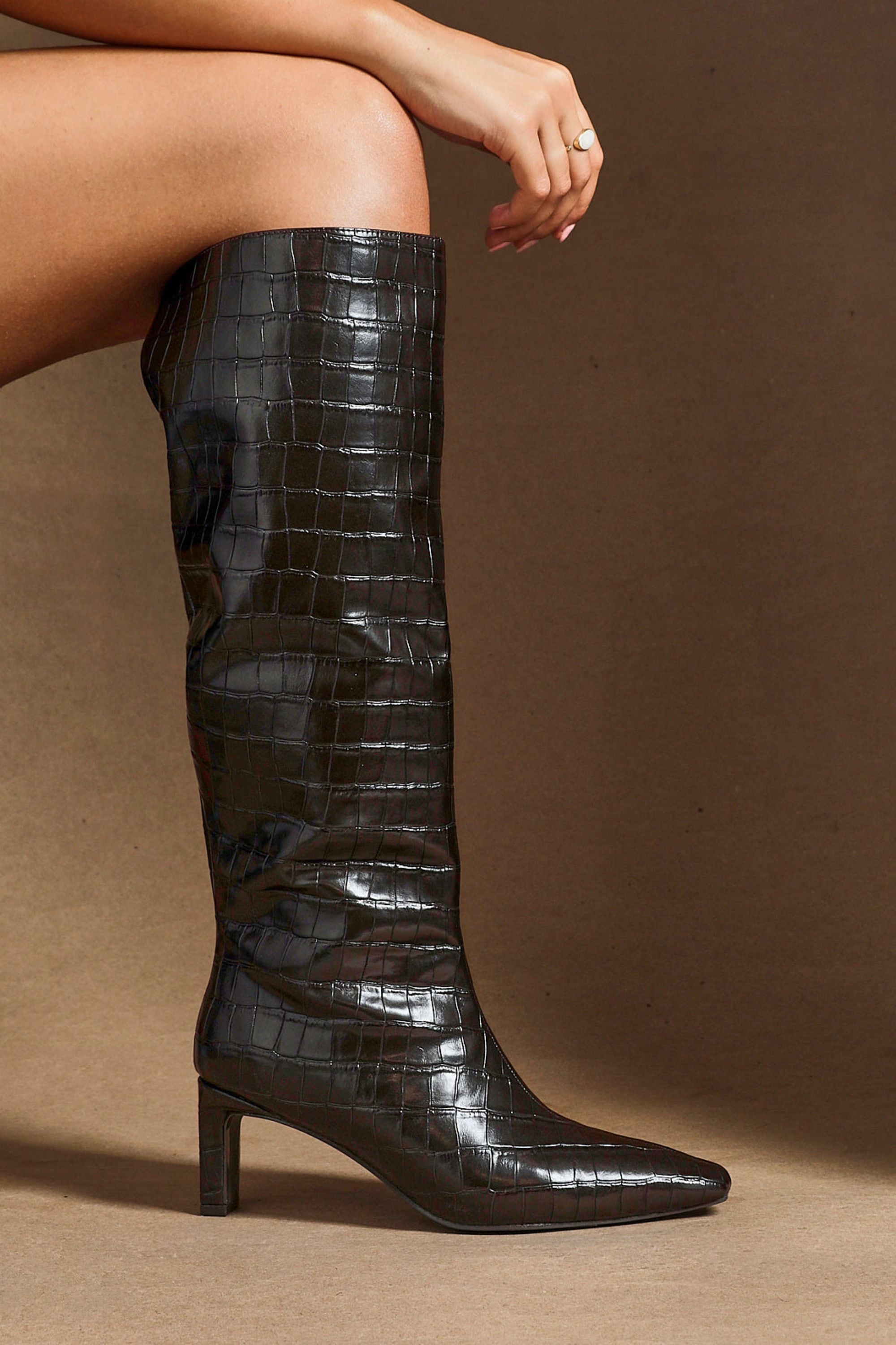 Linzi Uptown Brown Faux Croc Knee High Boot image 2