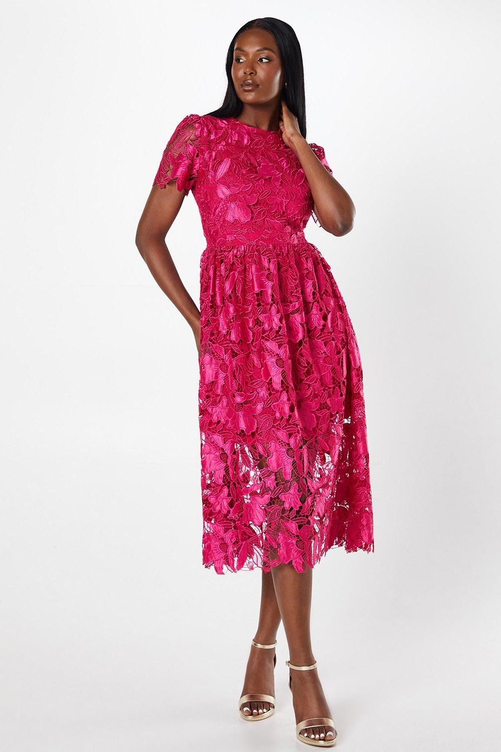 Coast Premium Floral Satin Lace Midi Dress Magenta Pink image 1