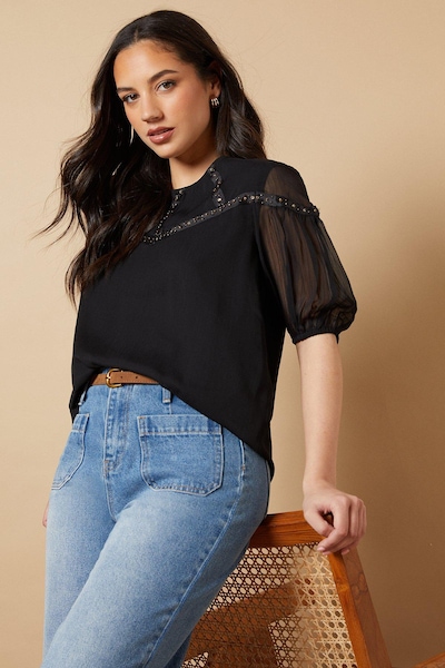 Oasis Hand Embellished Trim scoop Neck Half Sleeve Blouse Black