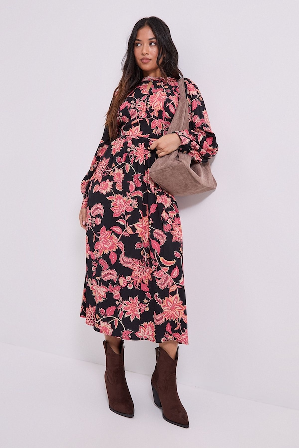 Dorothy Perkins Petite Keyhole Detail Waisted Blouson Sleeve Printed Midi Dress Black