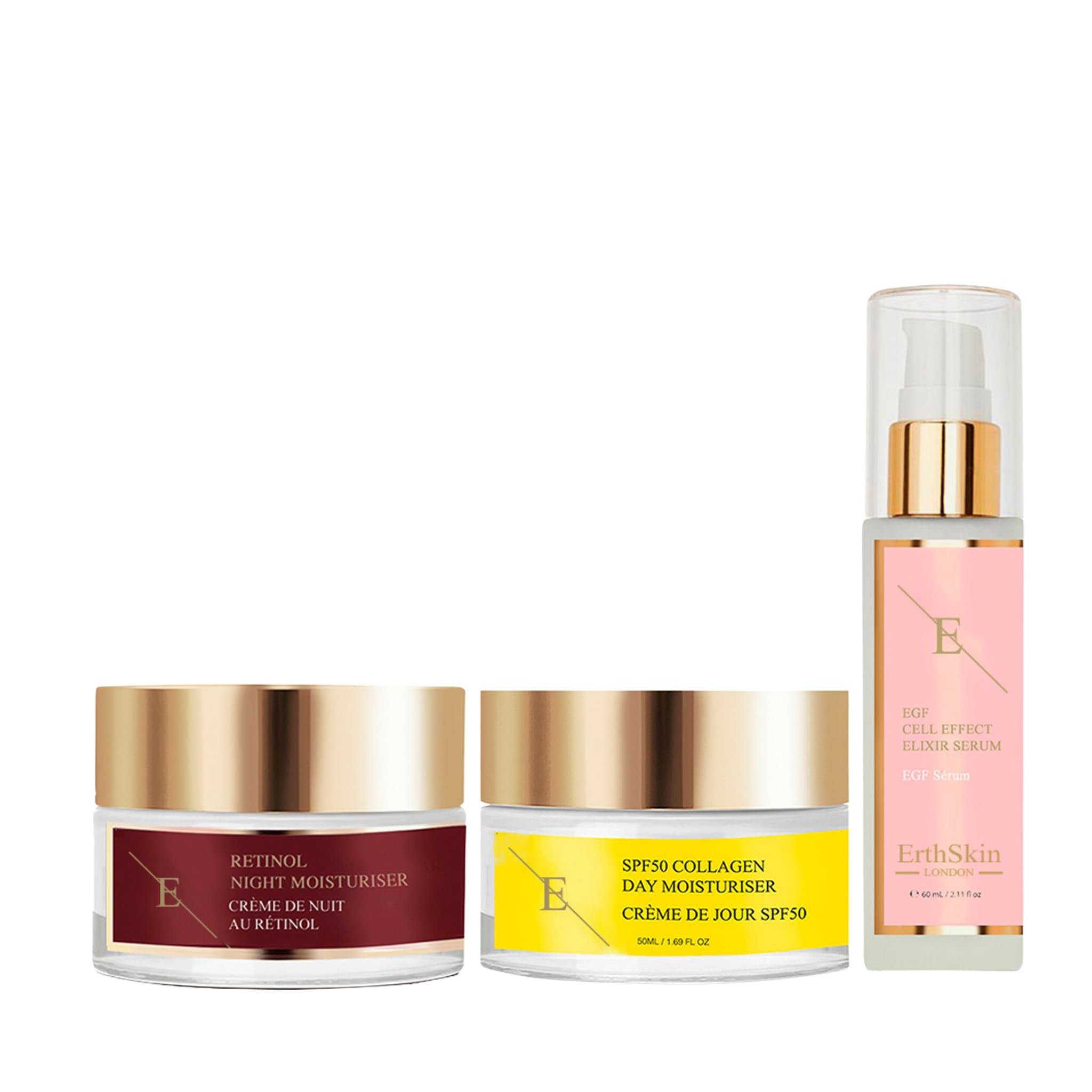 Erth Skin London SPF 50 Collagen Day Cream 50ml + Retinol Night Moisturiser 50ml +EGF CELL EFFECT SERUM 60ML image 1