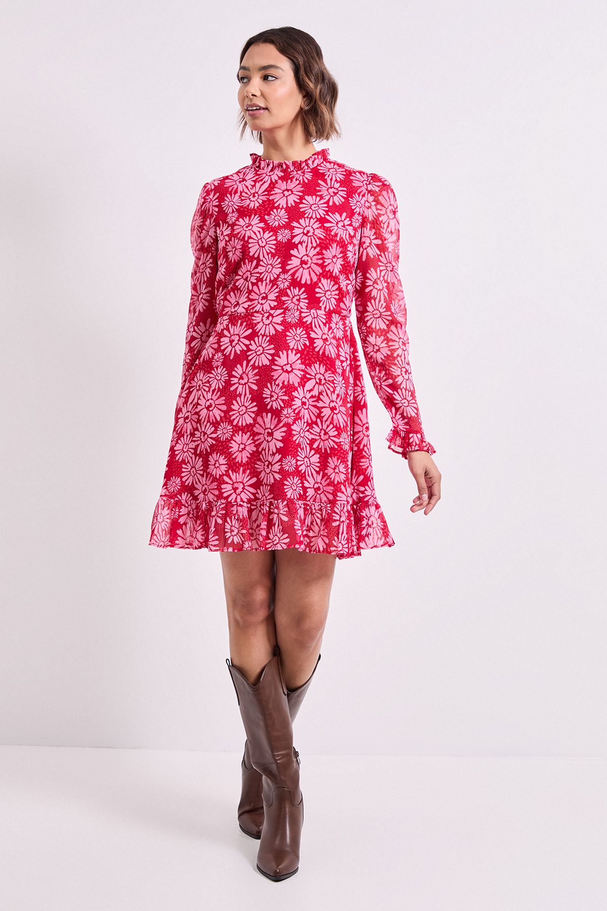 Dorothy Perkins Pink Daisy Frill Neck Printed Mini Tea Dress Pink image 1