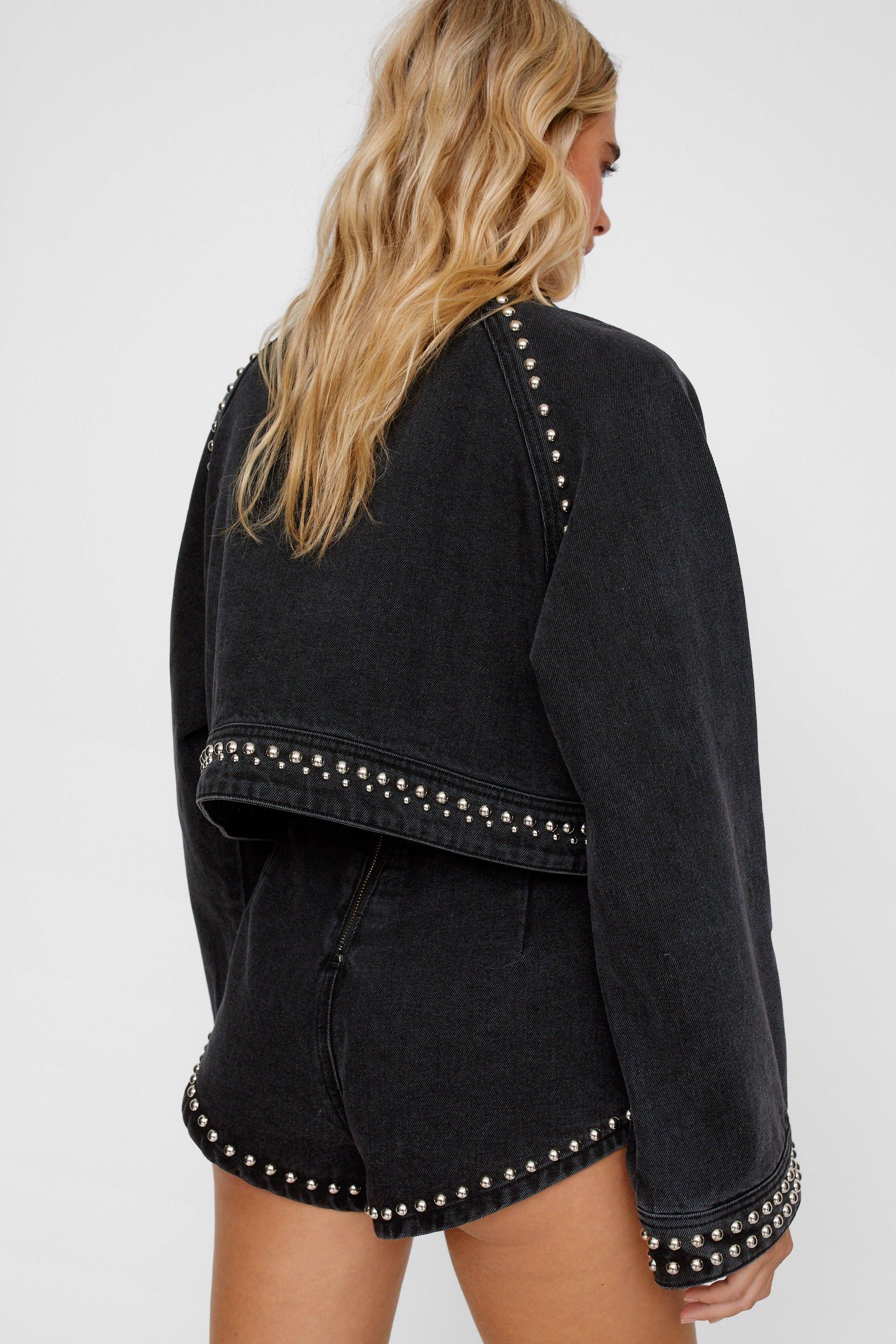 NastyGal Heart Studded Cropped Denim Jacket Washed Black image 4