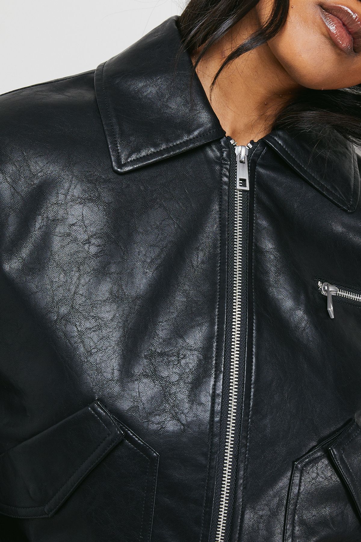 Warehouse Faux Leather Distressed Bomber Jacket Black image 5